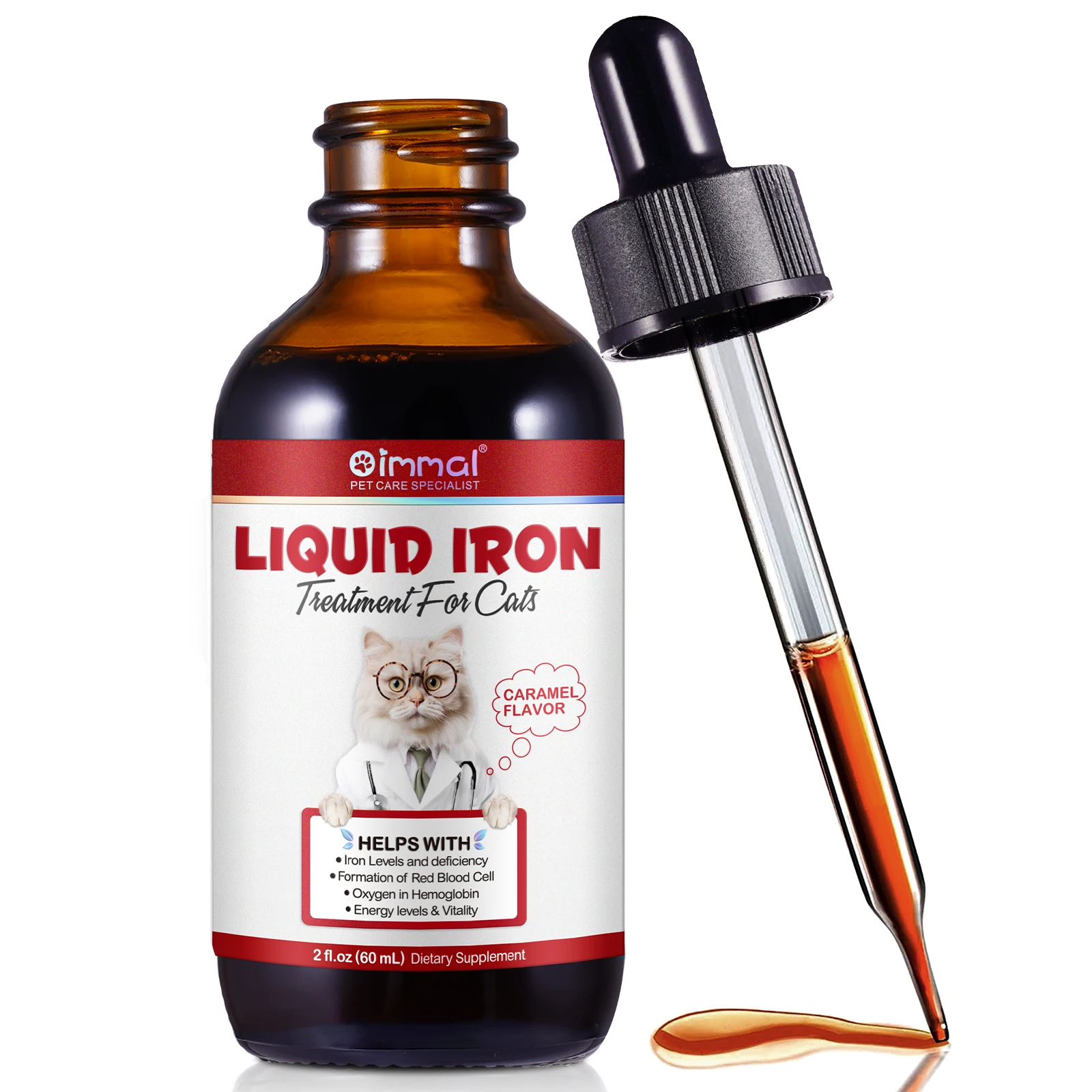 Liquid Iron Caramel Flavor Treatment for Cats Helps with Iron Levels Deficiency Formation of Red Blood Cell Oxygen in Hemoglobin