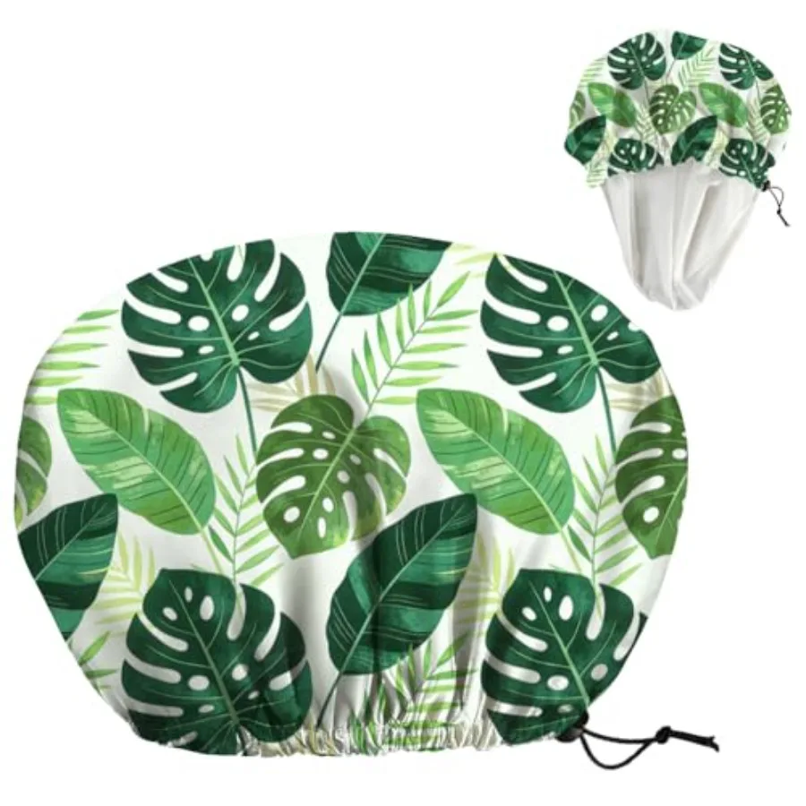 

Reusable Shower Cap Green Monstera Double Layer Waterproof Shower Caps Large Elastic Hair Cover Adjustable Hair - Drying Caps f