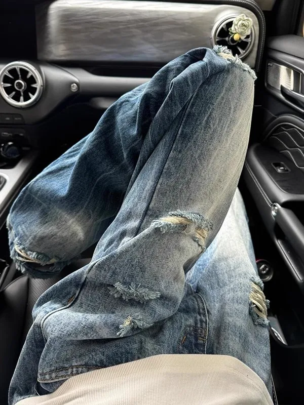 

American Retro Lightning Pattern Men's Jeans Hole Design Wide Leg Micro Flare High Street Pants Casual Straight Leg Zipper