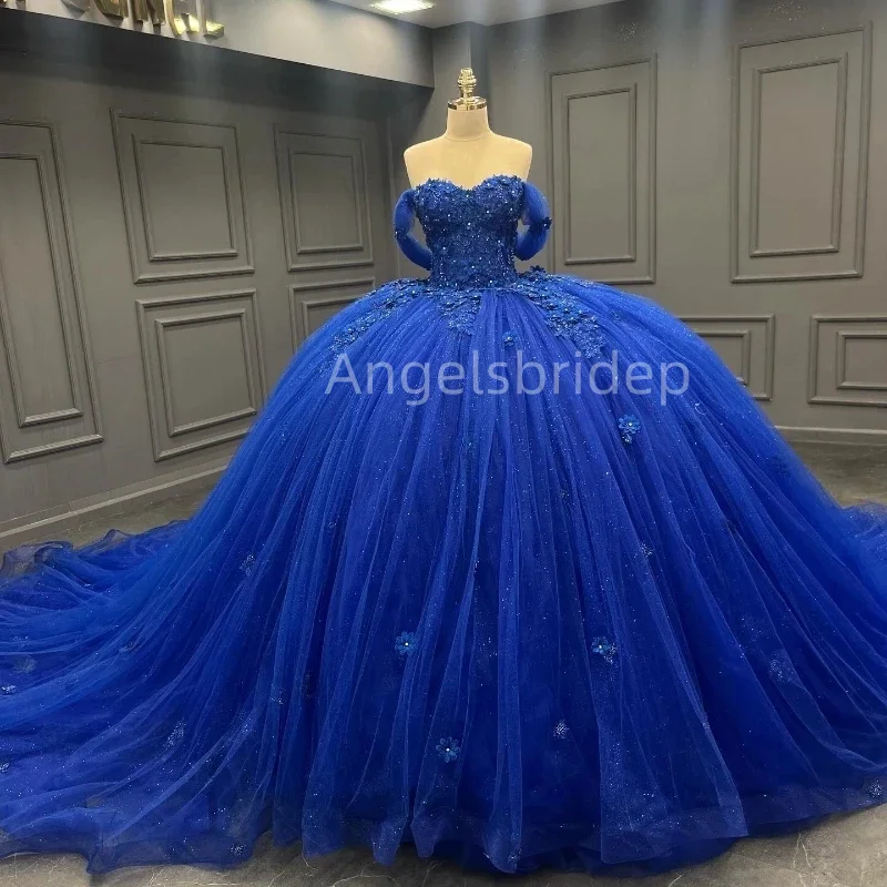 Angelsbridep Customized Royal Blue Long Train 3D Flora Ball Gown Quinceanera Dress Party Dresses Vestidos 15 Años Quinceañera