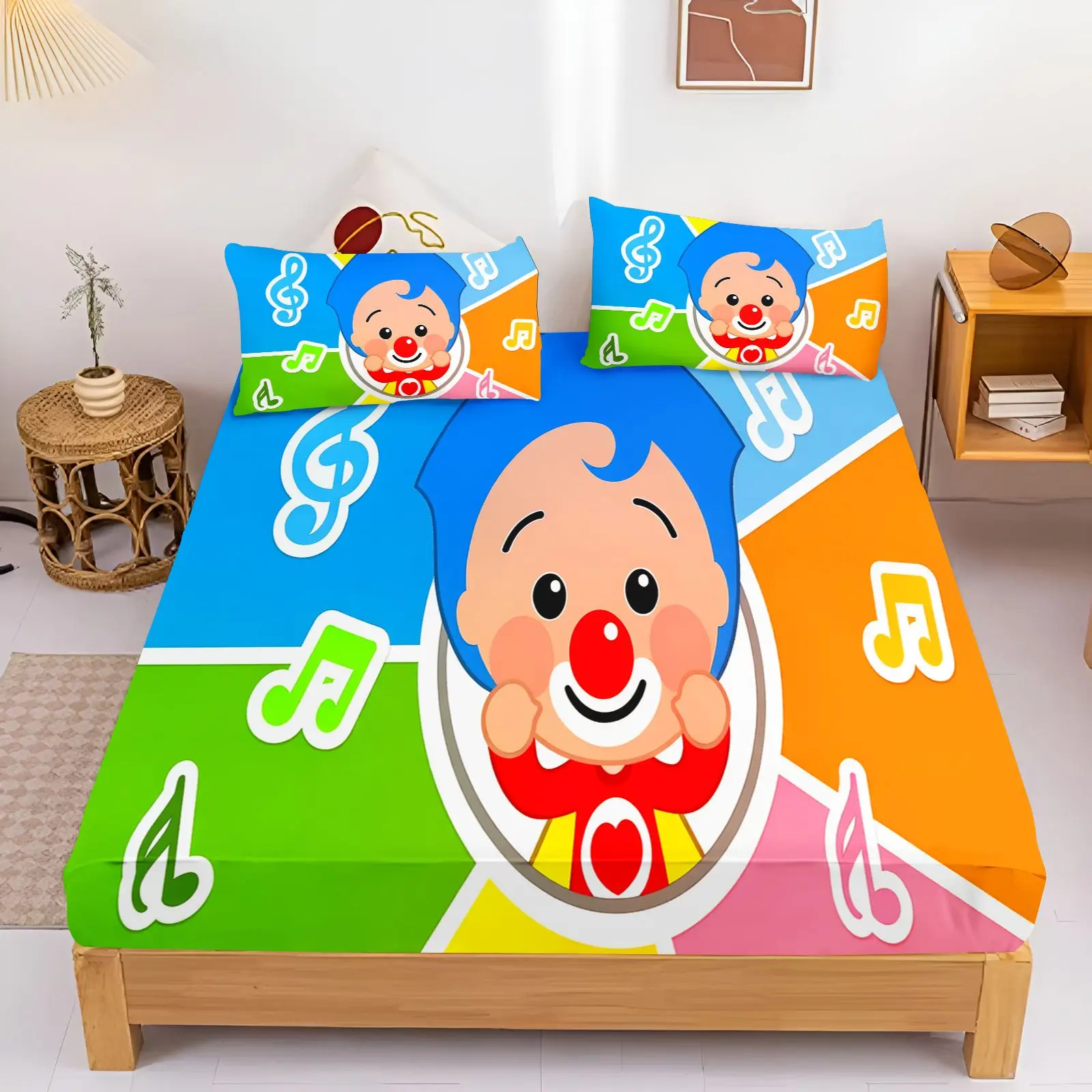 Plim Clown Cartoon Fitted Sheet Bedding Set Cover Pillowcases Colorful Musical Note Print Bed Sheets Bedroom Decoration