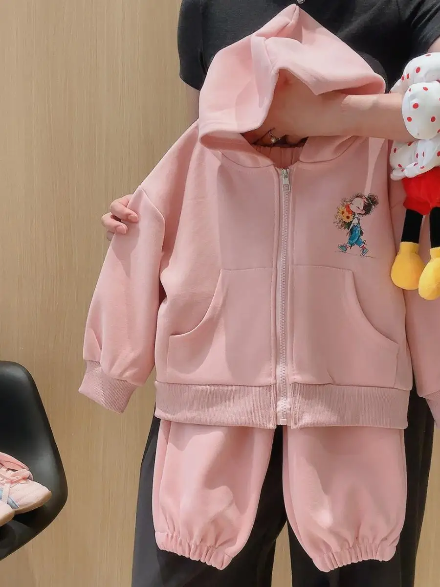 女の子用パーカーセット ジッパー付きフード付きジャケット ベビーおしゃれ オープンカーディガン ツーピーススーツ 秋の新作 カジュアルスポーツウェア