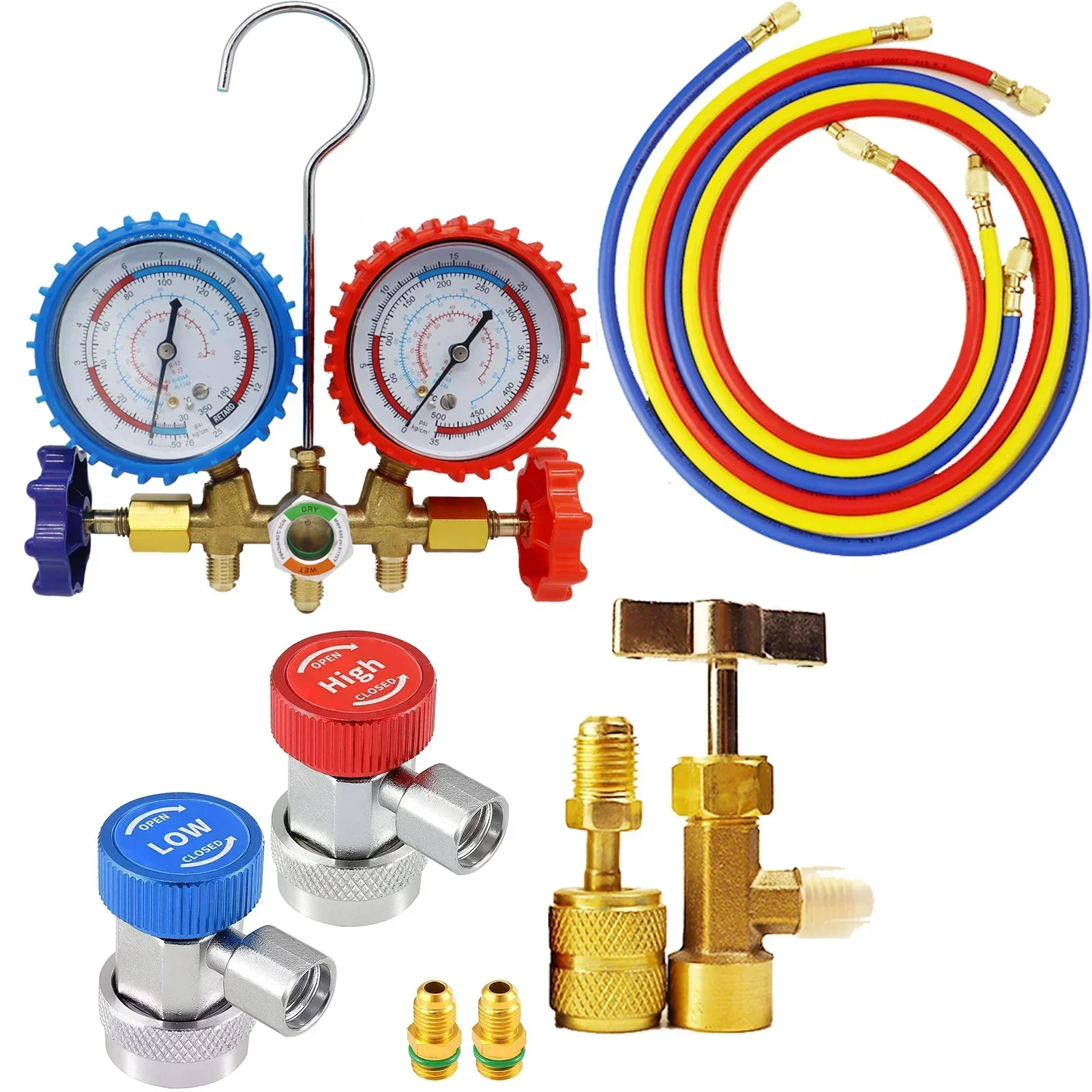 

R134A R12 R22 R404A Refrigeration&Air Conditioning Tools AC Diagnostic Manifold Meter Kit, R134a High/Low Side Quick Connectors