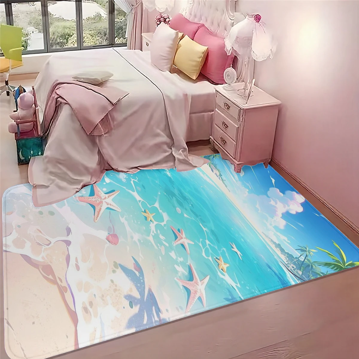 1Pc Foot Mat with a Blue Ocean Design, Ins-Style Refreshing Beach Starfish Home Bedside Rug