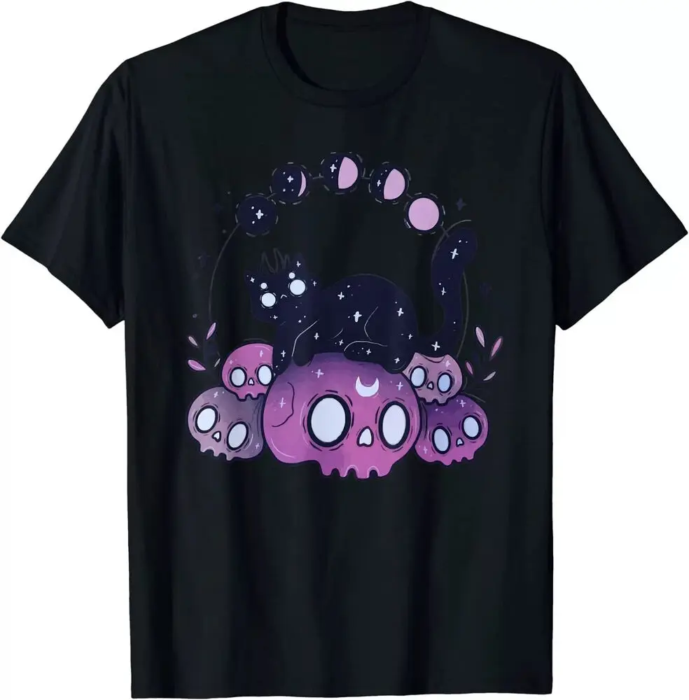 

HOT! Kawaii Pastel Goth Art Cat And Skull Moon Phases Tattoo T-Shirt Size S-5XL