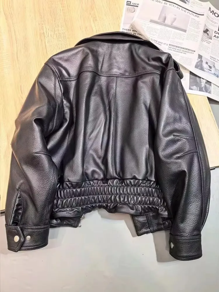 Chaqueta Punk Vintage de cuero genuino para mujer, ropa de calle con solapa, abrigo corto para motocicleta, ropa de abrigo holgada de piel de oveja auténtica de alta calidad