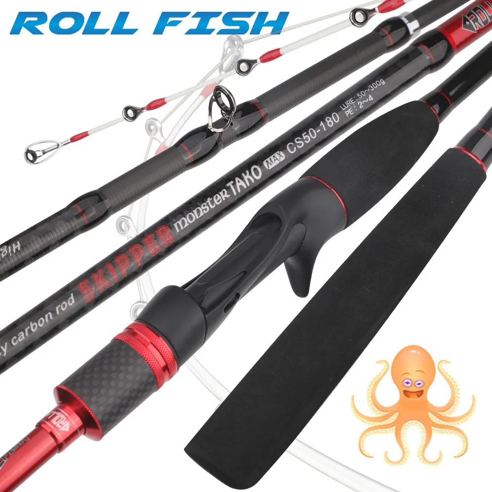 ROLLFISH Solid Tip Octopus Squid Cuttle Carbon Fiber Casting Fishing Rod Saltwater Boat Light Jigging Rod Action 9:1 WT144g 1.8M