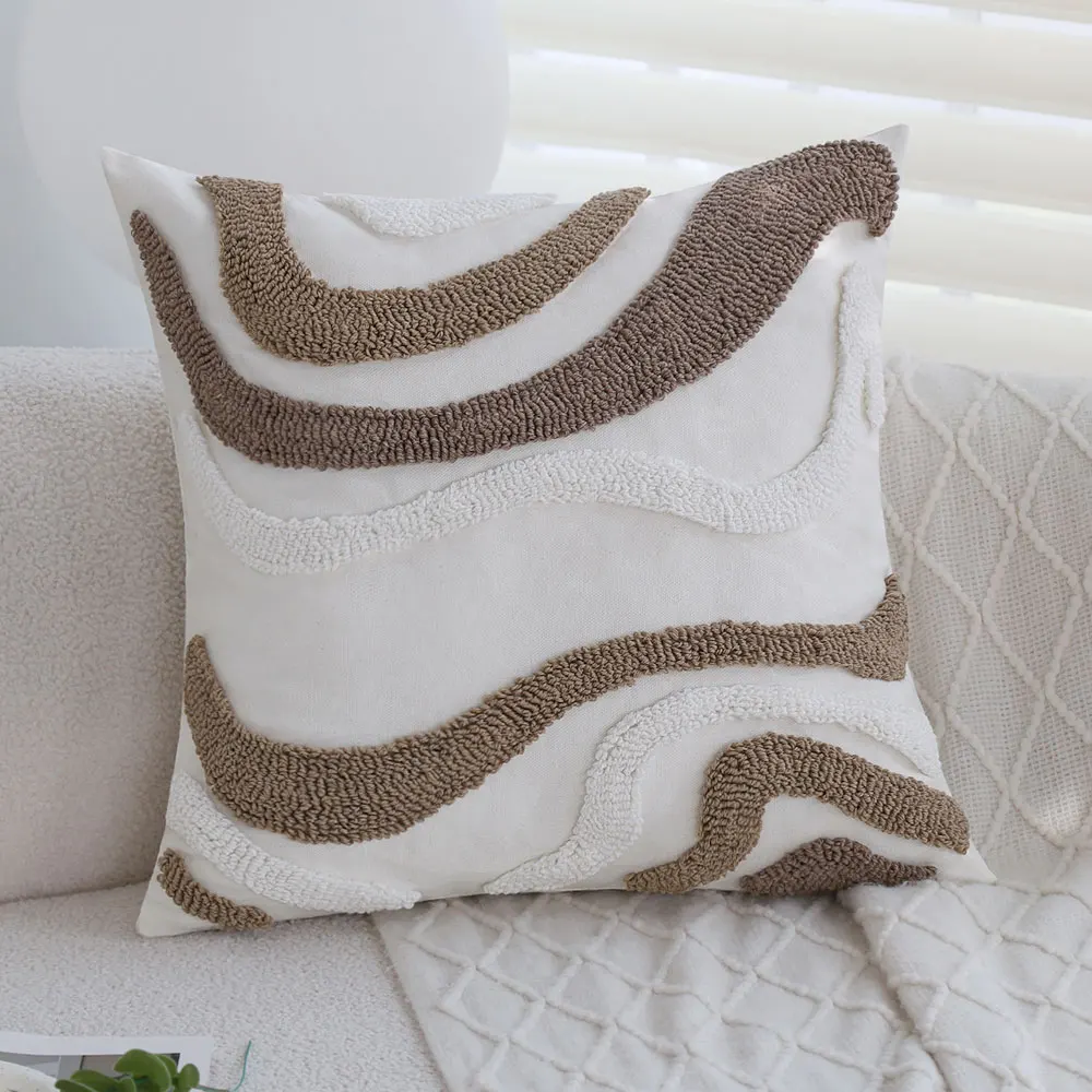 Boho Tufted Throw Pillow Cover 45x45cm Brown Wave Decorative Cushion Case for Sofa Living Room, Minimalist Home Decor Pillowcase