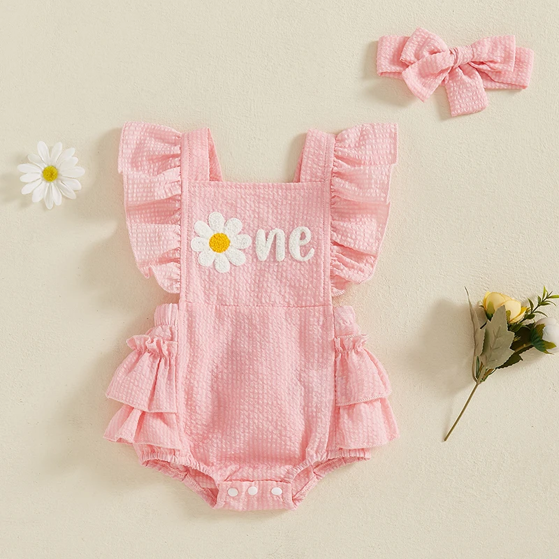 

Suefunskry Baby Girl 1st Birthday Romper Outfit Flower Letter Embroidery Ruffled Flying Sleeve Romper and Headband 2Pcs Set