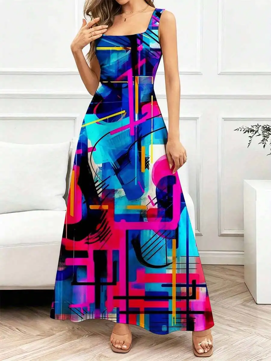 

Abstract Geometric Print Square Neck Sleeveless Maxi Dress Vibrant Modern Art Casual