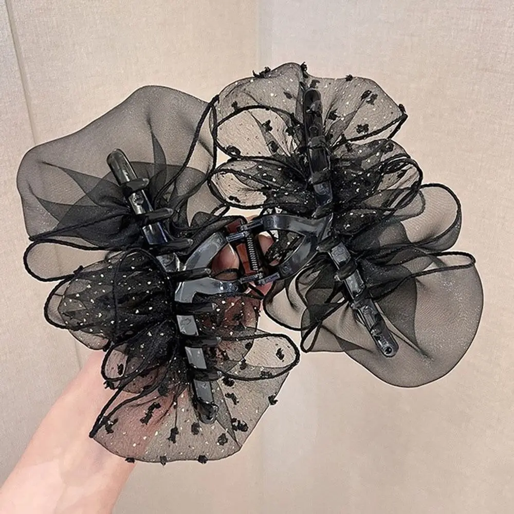 

Elegant Dots Bow Shark Clip Double-sided Gauze Bow Hair Claw Large Plastic Mesh Ponytail Clip Wedding