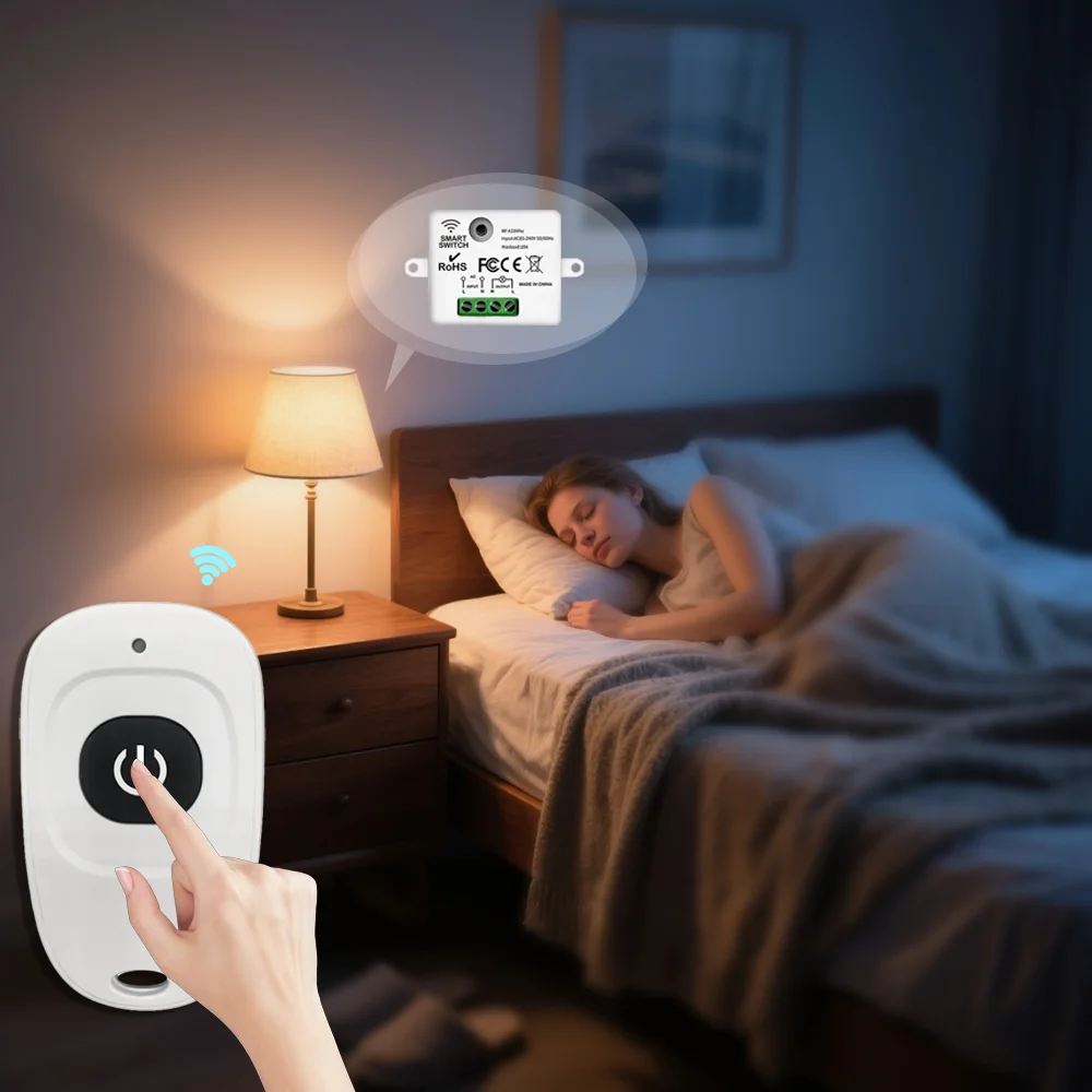 RF433 wireless remote control wall switch module 110V 220V 10A miniature magnetic control relay household lamp fan LED TV