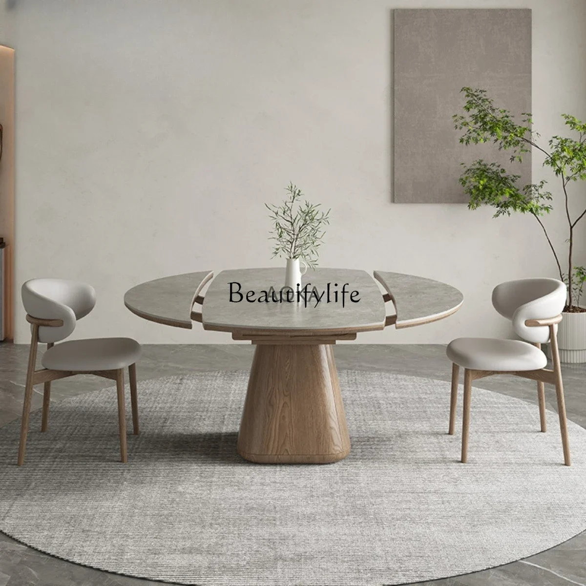 

XX59Retractable solid wood rock slab dining table square and round dual-purpose modern simple household