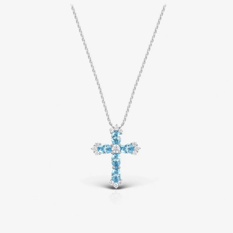 French-style summer versatile sea-blue diamond cross necklace with Santorini blue full-diamond pendant - Women's jewelry