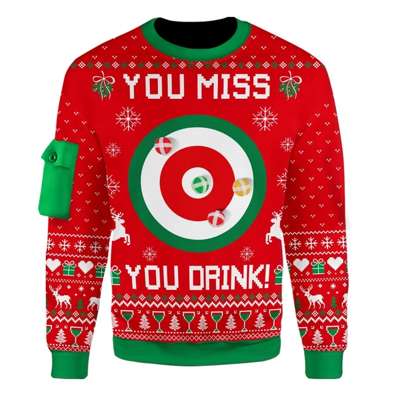 مضحك سانتا كلوز اللعب الهوكي الجرافيك بلوزات الرجال عيد ميلاد سعيد طاقم الرقبة البلوز سترة جديدة عيد الميلاد رياضية