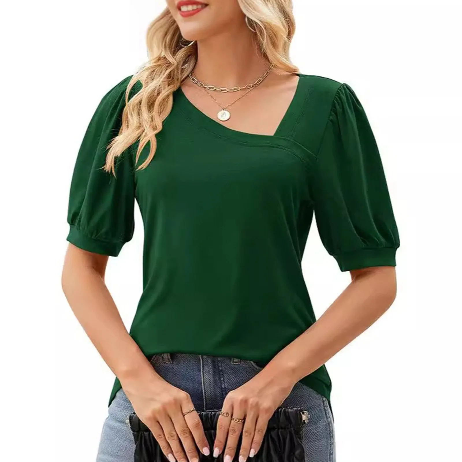 Slim Asymmetric Slant V-Neck T-Shirt Elegant Bubble Short Sleeve Casual T-Shirt Solid Colour Business Minimalism Basic Tees