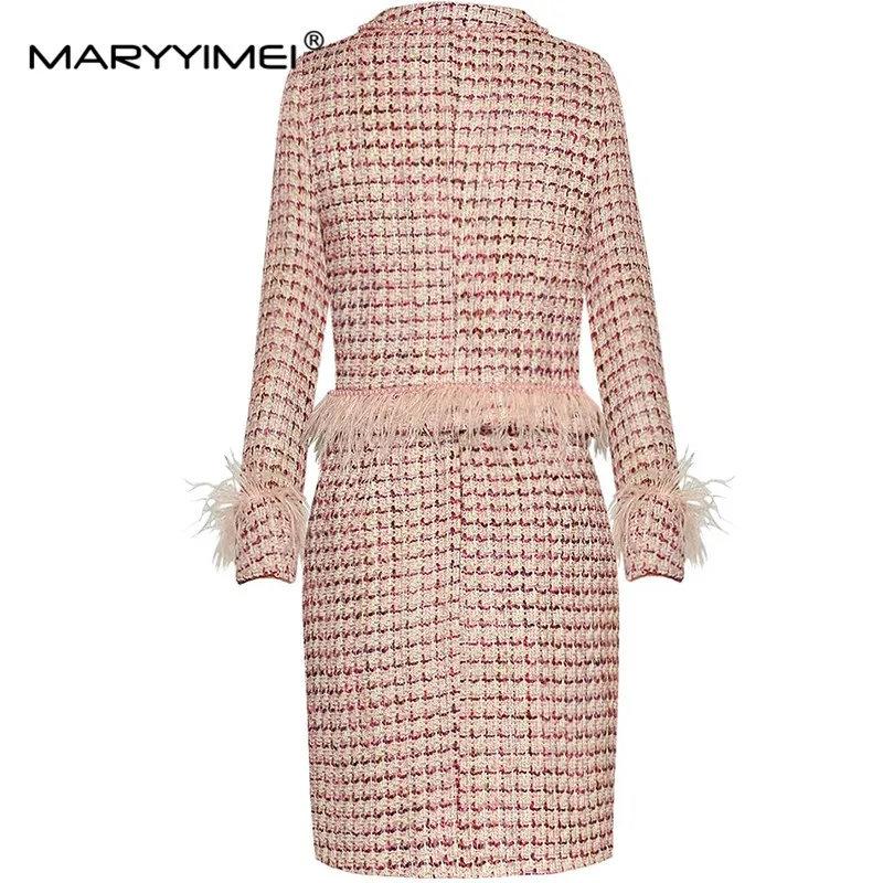 MARYYIMEI Autumn Winter Women\'s Suit Long Sleeved Soft feathers Single-breasted Tops+Slim skirt Pink Plaid 2 piece Set