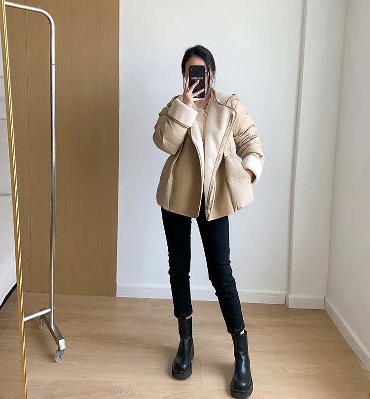 Schinteon Women Lambswool White Duck Down Jacket with Hood Autumn Winter Warm Outwear Casual Patchwork Coat European Style