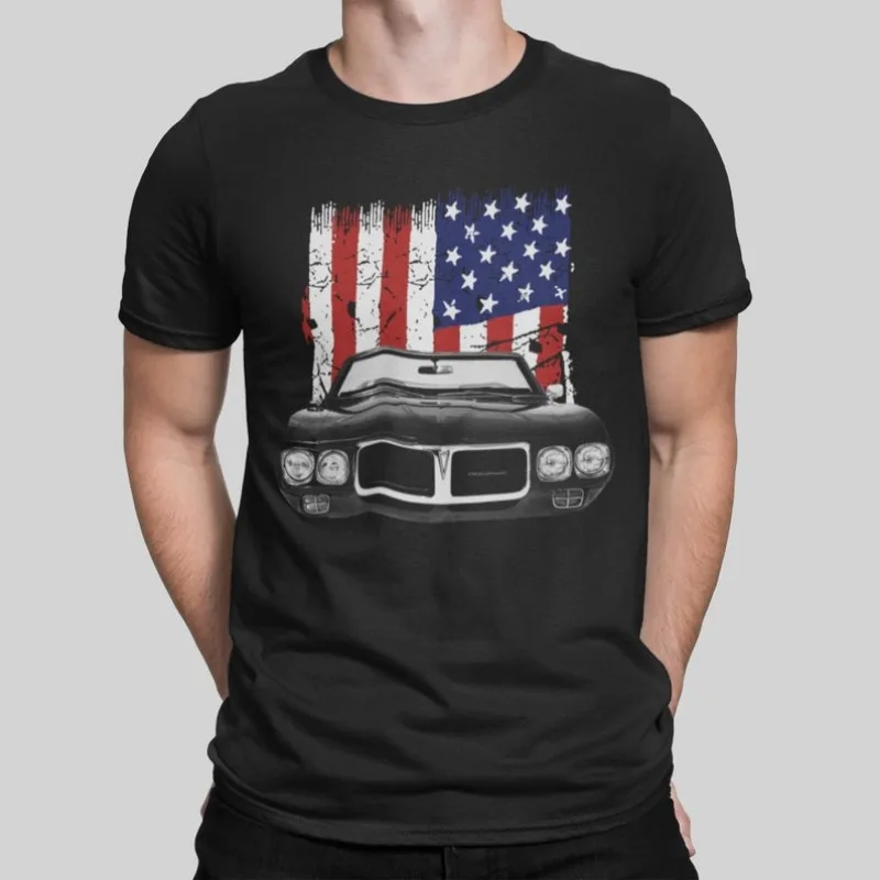 1969 Pontiac Firebird Front Grill View With Us Flag T Shirt 2024 Men T Shirt Casual  Car fans Logo Enthusiast T-shirt Graphic Su