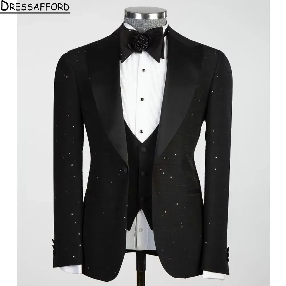 Black Crystal Three Pieces Men Suits Formal Party Groom Wear ( Jacket + Vest + Pants )