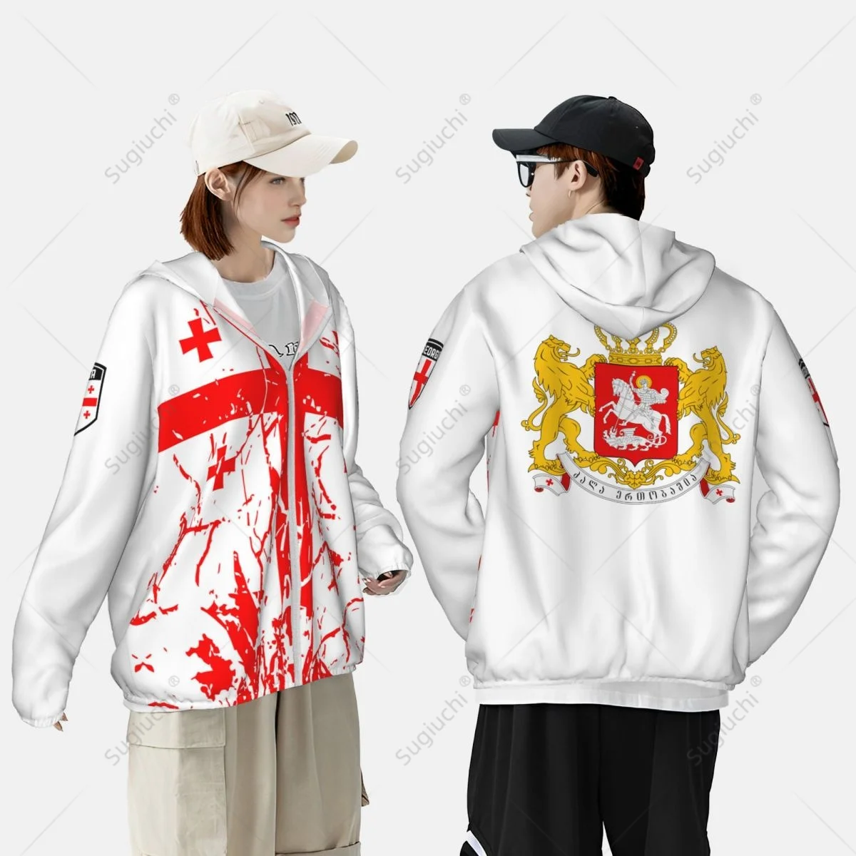 Hoodie perlindungan matahari Bendera Georgia pakaian tabir surya pakaian memancing bersepeda berlari cepat kering lengan panjang dengan ritsleting poliester