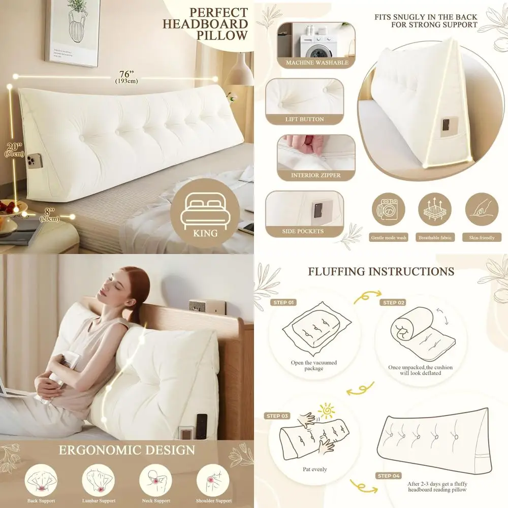 

Треугольная клиновая подушка King Size для чтения и релаксации, поддерживающая спинка со съемным кремовым чехлом