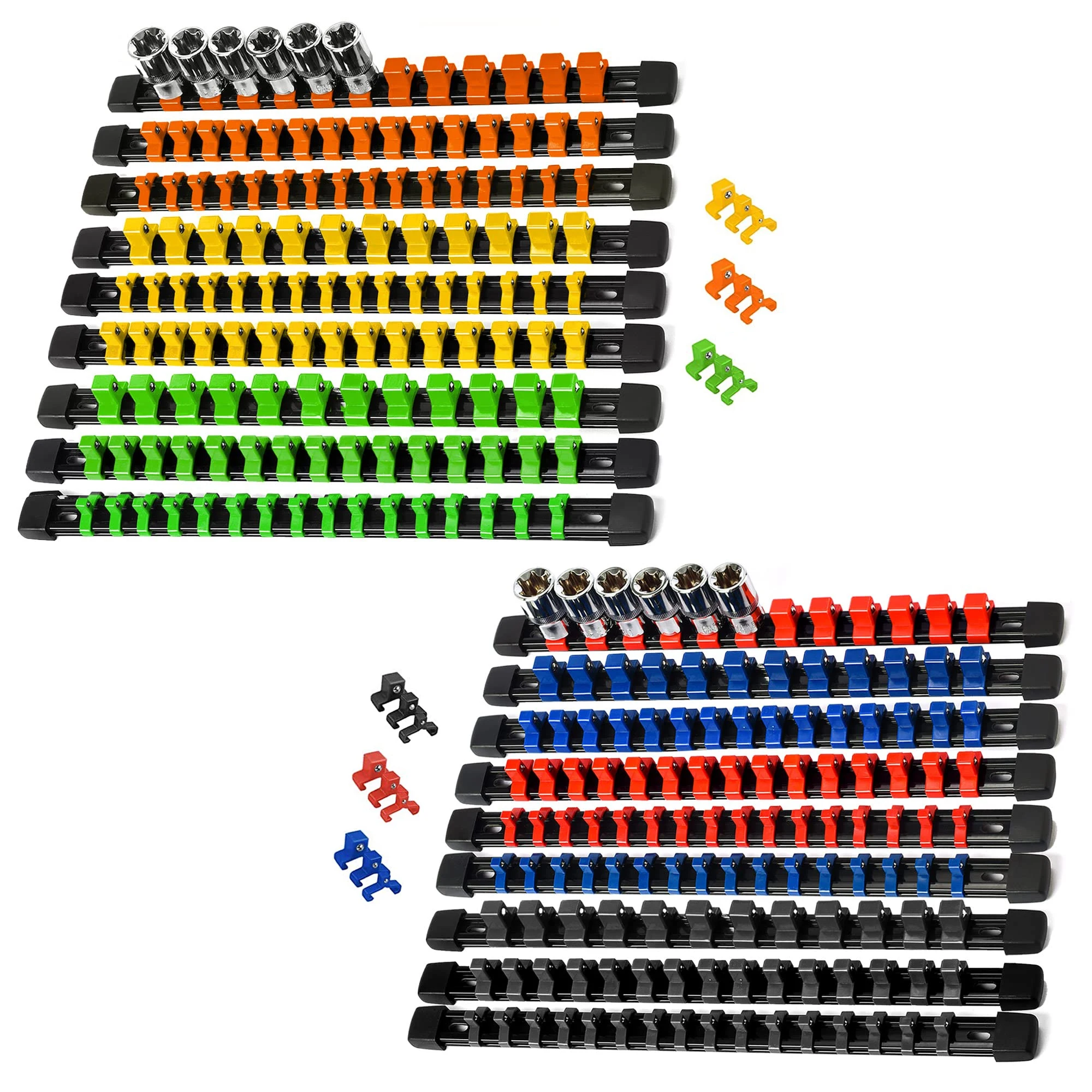 18PC ABS Socket Organizer, 1/2 inch, 3/8 inch and 1/4 inch Drive Socket Rail Holders Heavy Duty Socket Racks Yellow Green orange