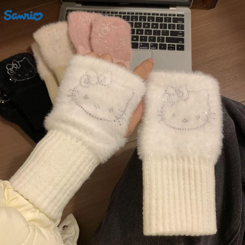 Sanrio Hello Kitty Half Finger Gloves for Women Fashion Winter Warm Soft Knitting Gloves Casual Cartoon Fingerless Mitten Gifts