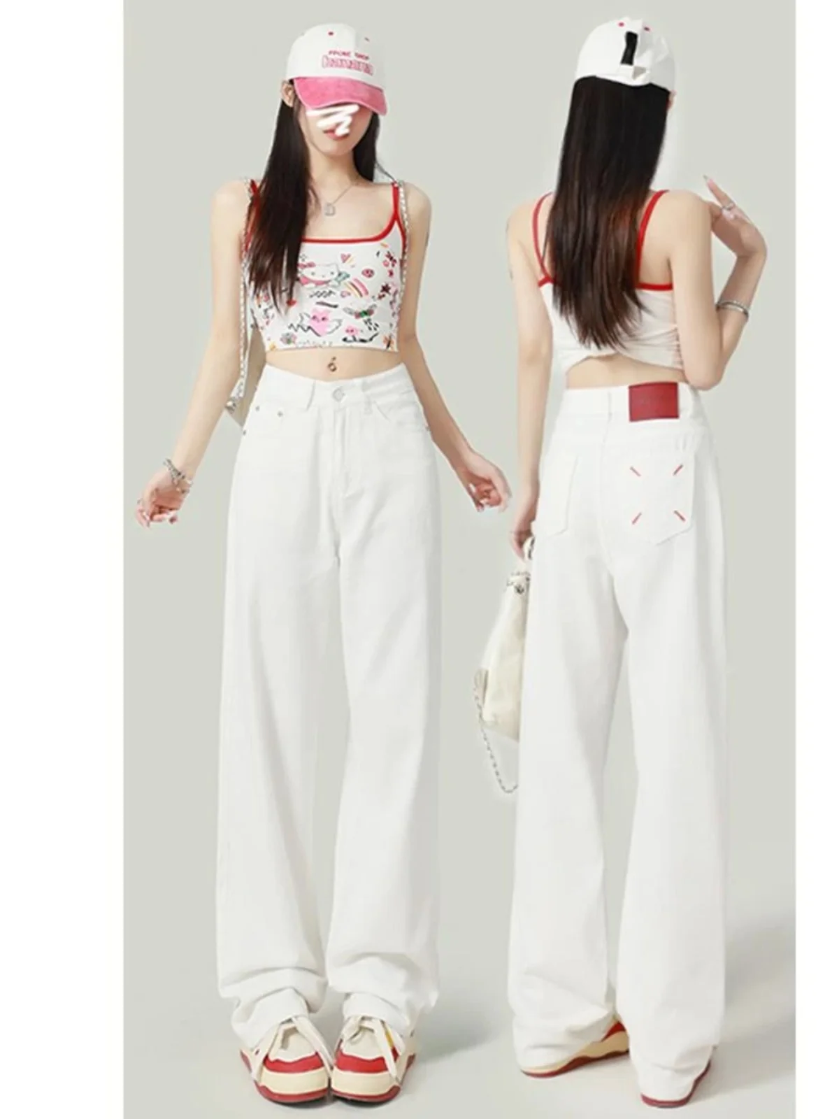 

Новые китайские вышитые белые джинсы с высокой талией и широкими штанинами, женские свободные утягивающие узкие брюки прямого кроя