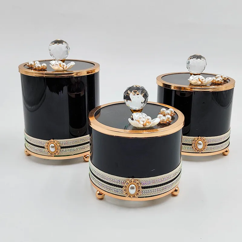 Ribbon Decoration with Pearl Crystal Cover, Black Glass Storage Jar, Aromatherapy Jar, Cotton Swab Box, Jewelry Container