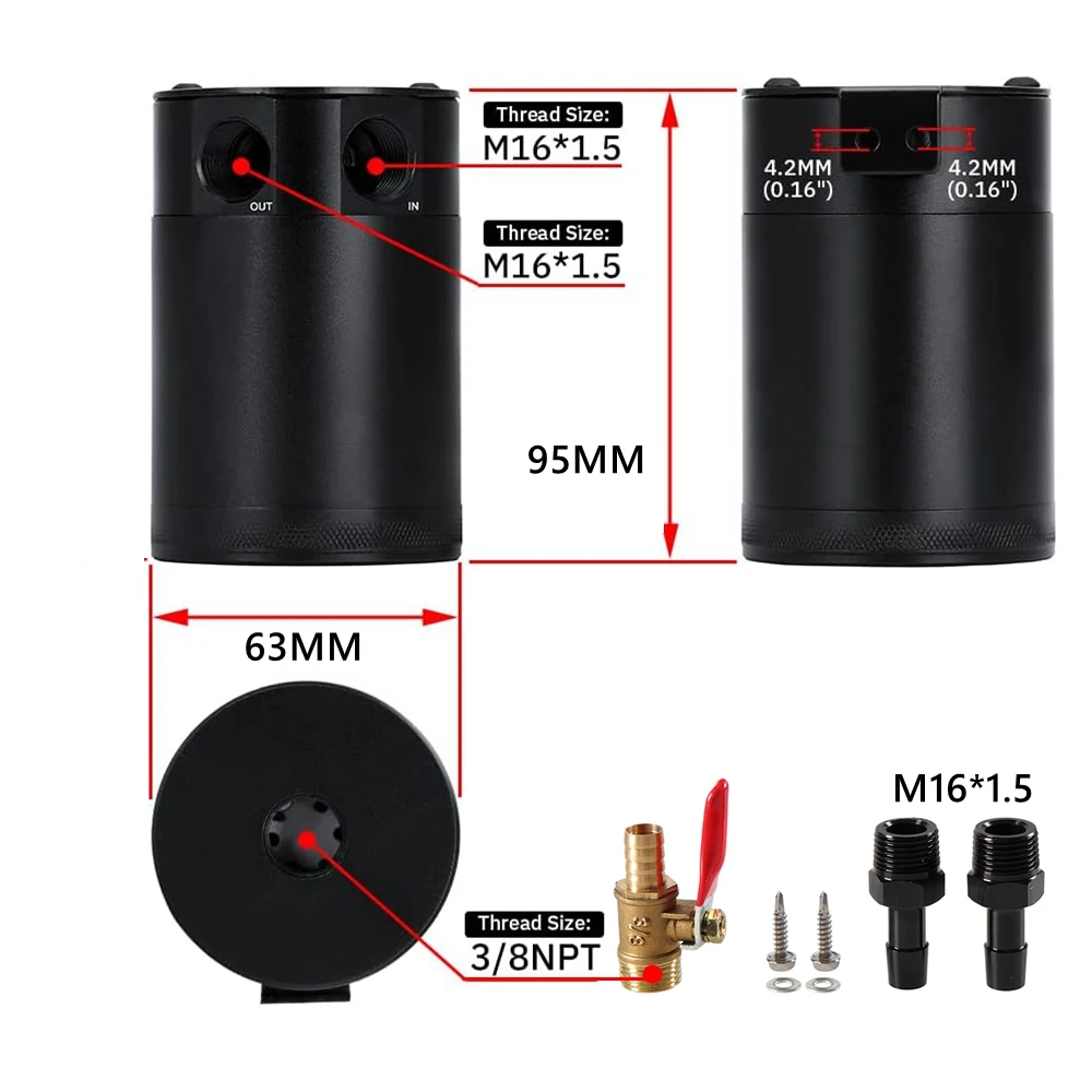 Aluminum Oil Catch Can Baffled 2-Port Oil Catch Tank Kit With Drain Valve Universal Oil Separator Reservoir Tank