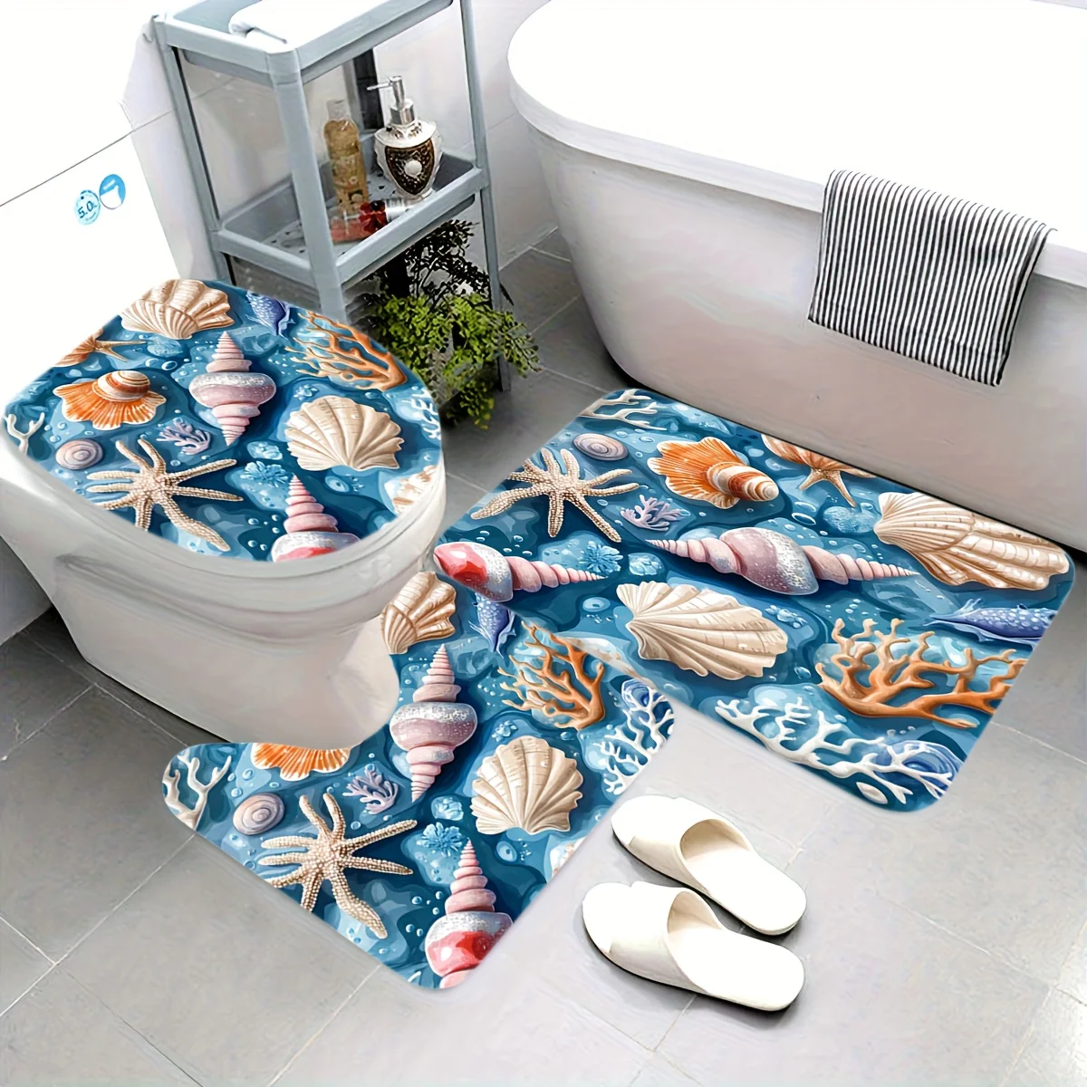 

3pcs Coastal Beach & Carpet Set with Shell, Starfish, Conch & Coral Print - Plush Flannel Thick Suitable for Bath/Shower, Machin