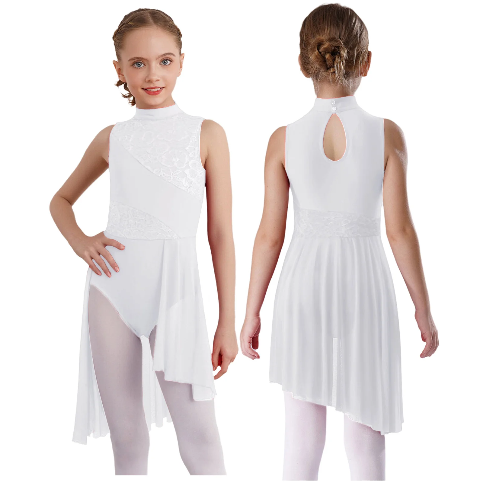 Meisje moderne lyrische balletdansjurk mouwloos bloemenkant pure mesh kunstschaatsen gymnastiek turnpakje hedendaagse danskleding