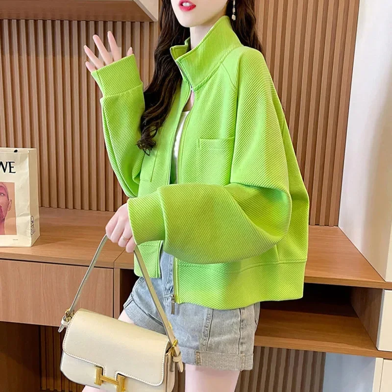 Damski kardigan z kołnierzykiem stójką, cienki, wiosenno-jesienny, koreański, luźny płaszcz, bluza rozpinana na zamek, modna, uniwersalna odzież wierzchnia, damskie topy.