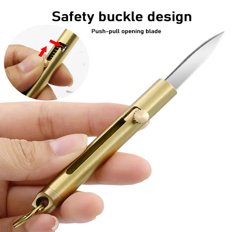 Brass Mini Retractable Knife Outdoor Keychain Pendant Knife Gift Portable Open Express Open Box Knife Self-defense Knife