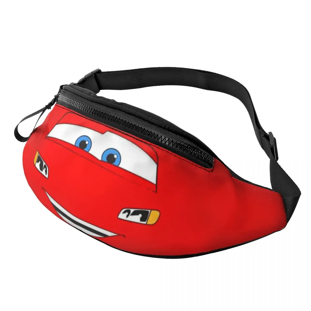 

Custom Happy Cars Lightning McQueen Fanny Pack Women Men Cartoon Crossbody Waist Bag for Cycling Camping Phone Money Pouch