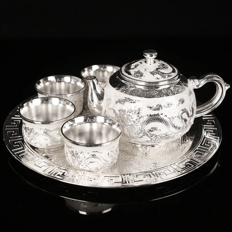 Dragon and Phoenix999Sterling Silver Tea Set Suit Pure Silver Wine Set1Disk1Pot4Cup Chinese Style Leather Box Suit Teapot Gift