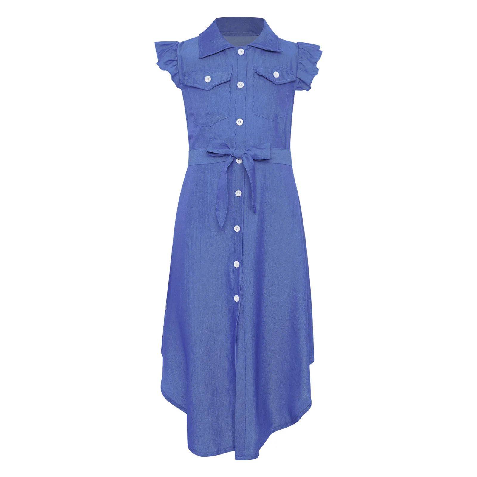 Kids Girls Imitation Denim Shirt Dress Sweet Ruffled Sleeves Turn-Down Collar Flap Pockets Curved Hem Button Dresses with Belt