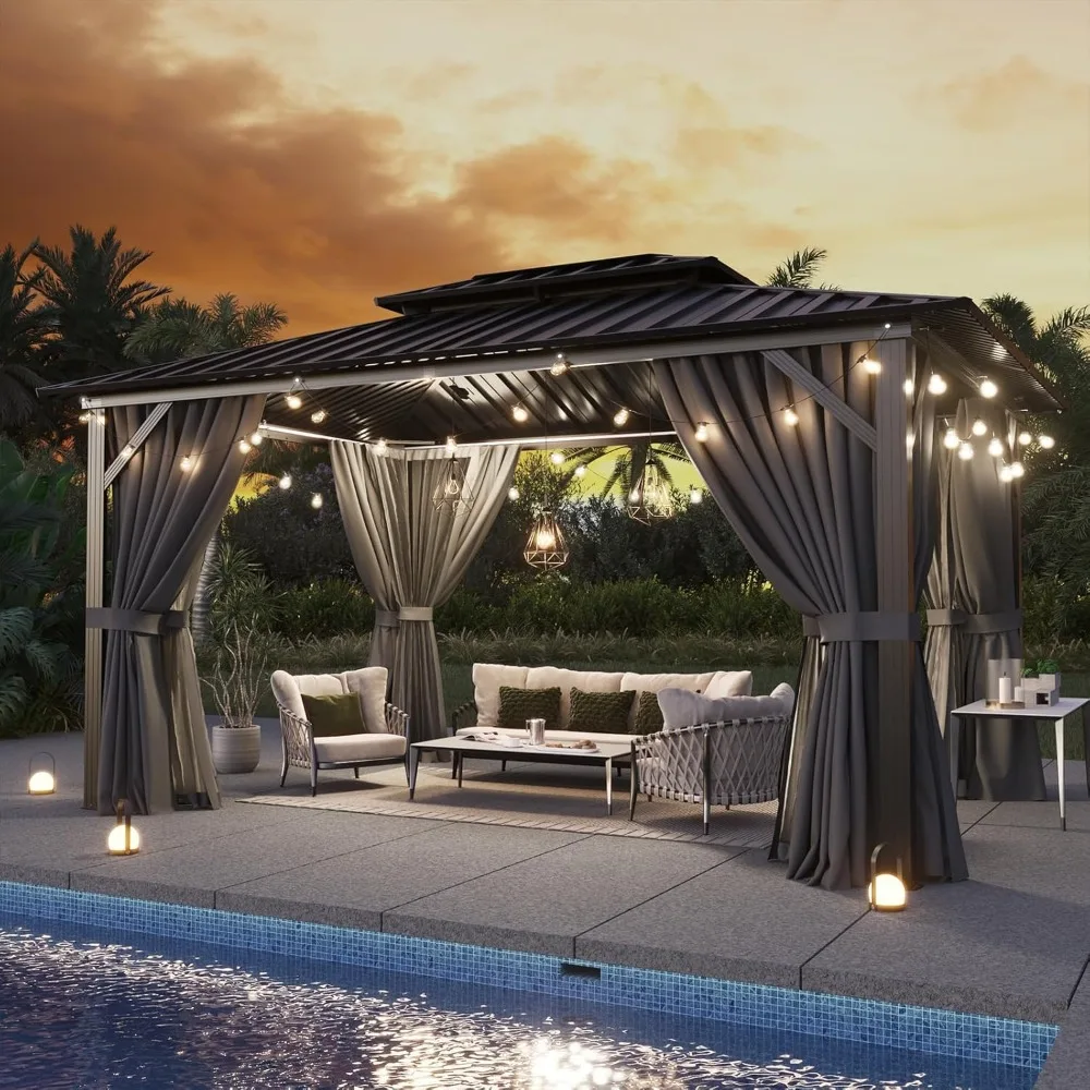 10'x12' Hardtop-Pavillon, Baldachin mit Aluminiumrahmen, doppelt verzinktes Stahldach, Metallpavillon für den Außenbereich mit Netz, Grau