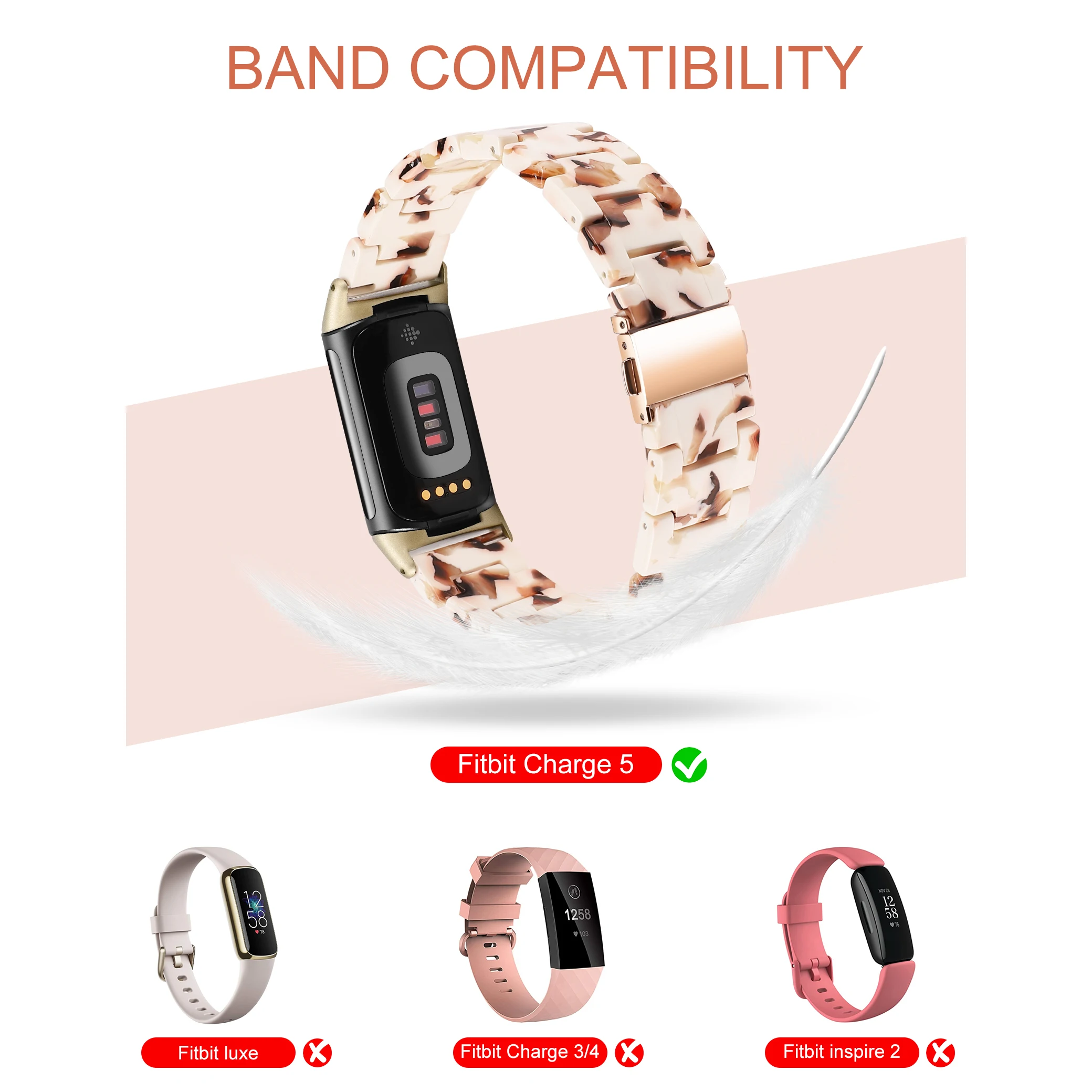 Wearlizer Waterproof Resin Watch Band For Fitbit Charge 5 Adjustable Resin Band for Charge 5 Women Light Weight Bracelet Band