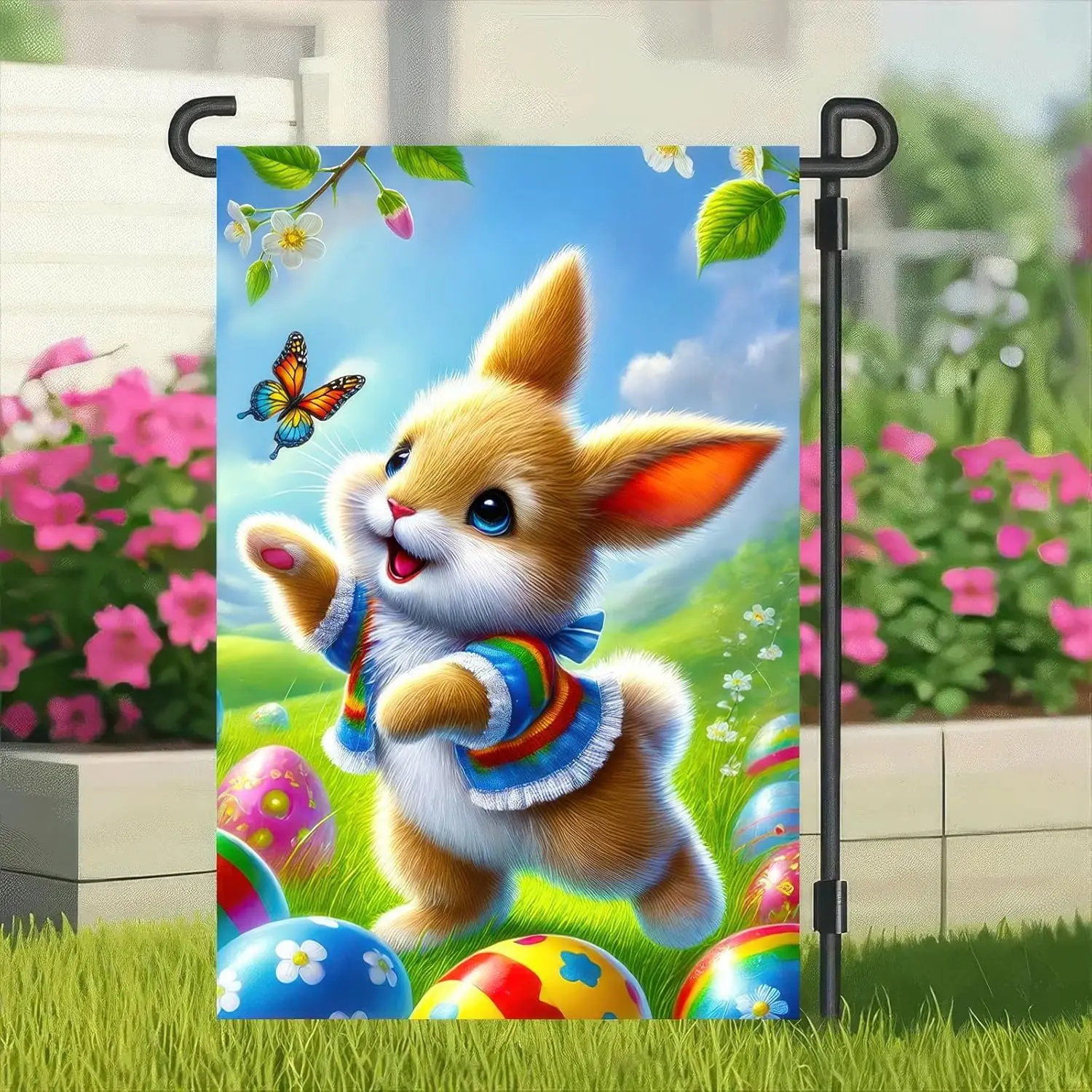 Happy Easter Bunny Garden Flag Double Sided 12x18 Inch Easter Garden Flag Bunny Rabbit Egg Butterfly Decorative Outdoor Yard SSL