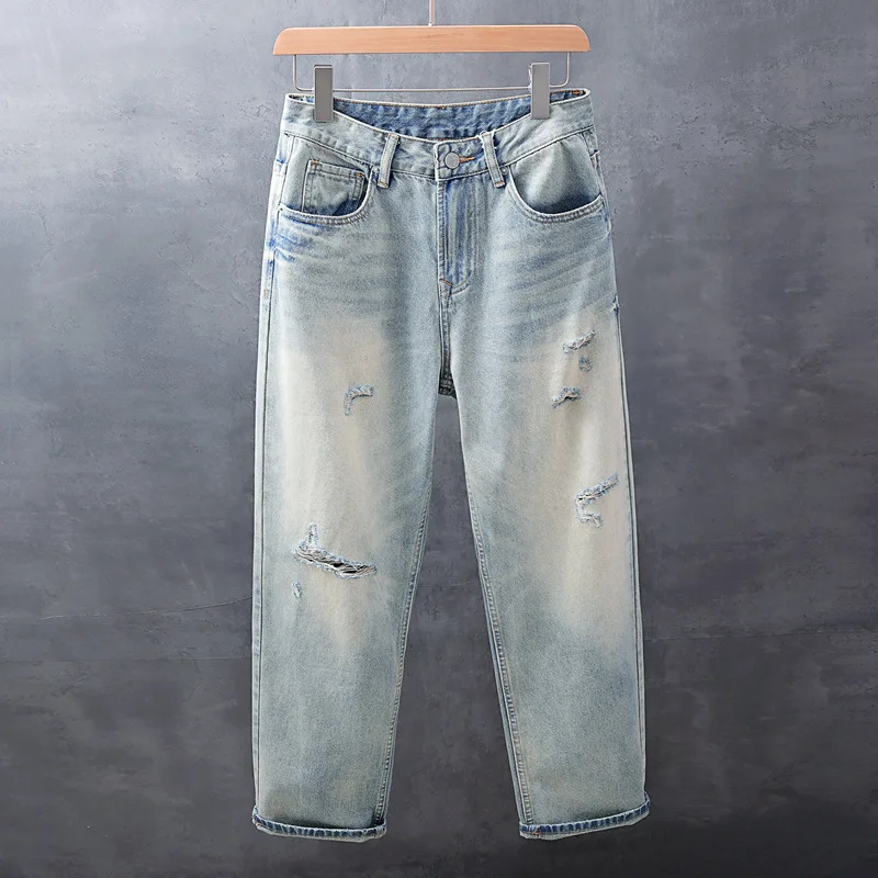 الربيع والصيف الصناعة الثقيلة الجديدة غسلها القديمة اليدوية البالية الأمريكية الرجعية فضفاضة السراويل الدنيم ثقب مستقيم للرجال