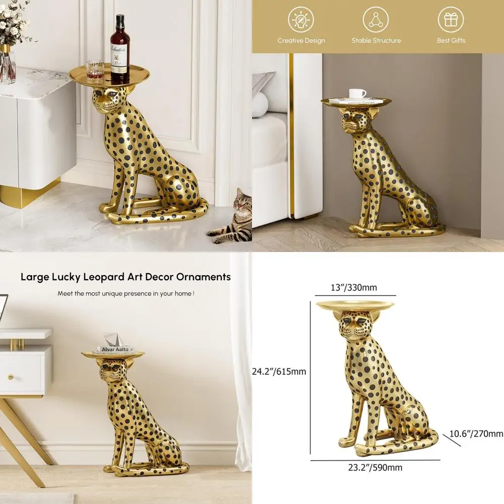 Gold Panther Statue Side Table with Tray, Leopard Figurine End Table Art Decor for Home and Gifts