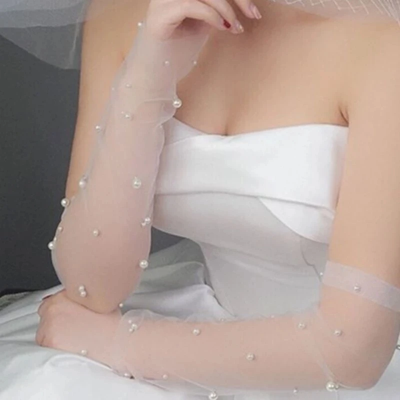 1 Paar Brauthandschuhe mit langem Arm, Perlen, weiß, für Damen, Hochzeit, Party, Spitzenhandschuhe, Hochzeitsaccessoires