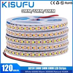 3MM 5MM 8MM LED Strips 5V SMD 2835 120LEDs/m White Warm Natural Flexible Tape Light Bar Strips For TV Background Lighting 1-5M