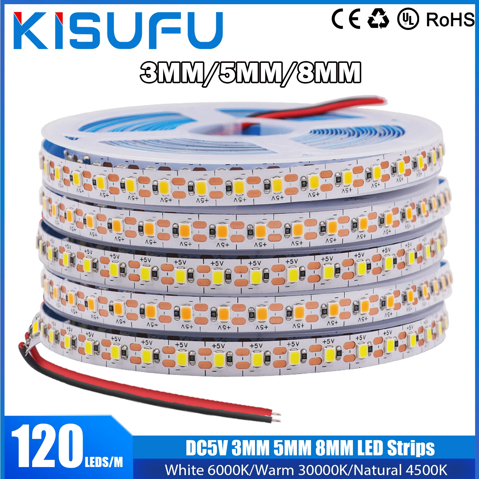 3MM 5MM 8MM LED Strips 5V SMD 2835 120LEDs/m White Warm Natural Flexible Tape Light Bar Strips For TV Background Lighting 1-5M