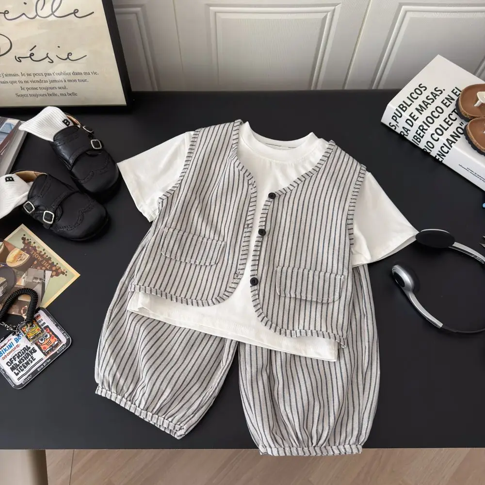 2026 Summer Three Piece Set New Kids Versatile Striped Stylish Fashion Bestseller Casual Cartoon Cardigan Set
