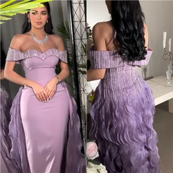 Customize Evening Saudi Arabia Dearin Off-the-shoulder A-line Floor Length Skirts Open Back Bead Flouncing Bespoke Occasion Dr