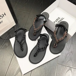 Flat heel hemp rope velcro clip chain sandals women's summer new beach shoes flat flip-flops