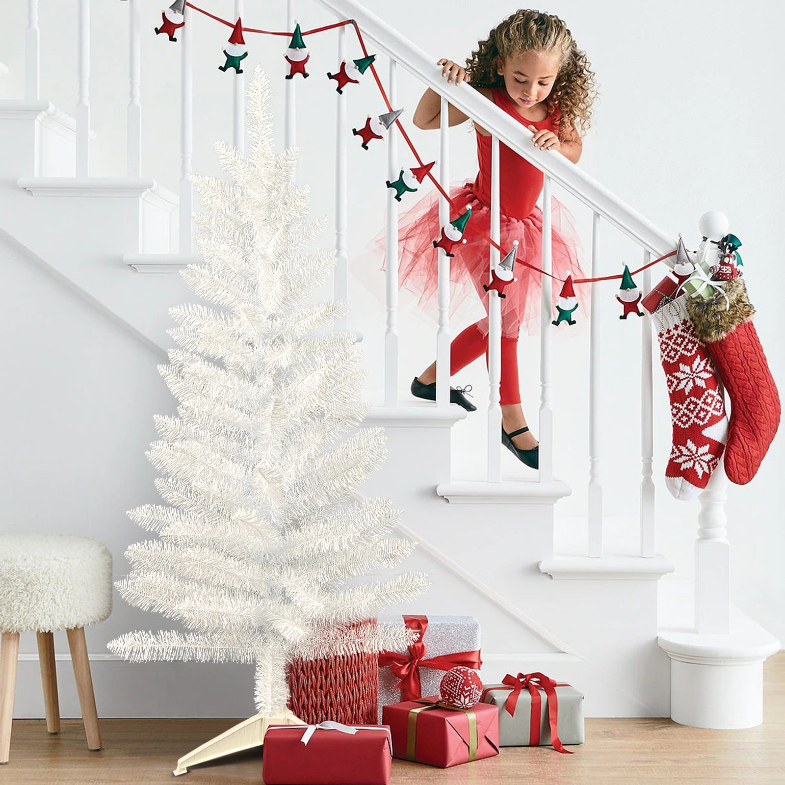 شجرة عيد الميلاد البيضاء الاصطناعية الصغيرة المضاءة بطول 4 أقدام من Makeatree غير مضاءة مسبقًا وأشجار الصنوبر البيضاء لتزيين العطلات #2